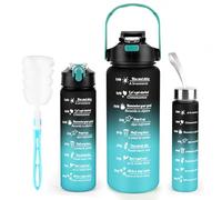 3 Pack Water Bottle BPA Free ,2L/800ML/300ML Sport Water Bottles with Straw & Brush,Motivational Time Markings, Leak-Proof, 2 Liters Gym Drinks Bottle for Adults Women, Running,Cycling-Black Blue
