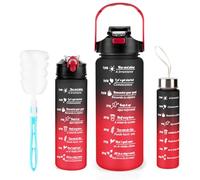 3 Pack Water Bottle BPA Free ,2L/800ML/300ML Sport Water Bottles with Straw & Brush,Motivational Time Markings, Leak-Proof, 2 Liters Gym Drinks Bottle for Adults Women, Running,Cycling -Black Red