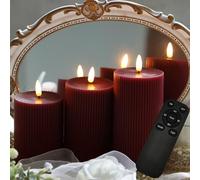 3 Pack Wax LED Flameless Candles with Remote, Burgundy, D 3 x H 4/5/6 inch | Real Wax Battery Operated Electric Pillar Candle Set with vertical stripes 3D Black Wick for Home Party Wedding Decorations