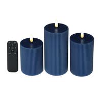 3 Pack Wax LED Flameless Candles with Remote Real Wax Battery Operated Electric Pillar Candle Set with Vertical Stripes 3D Black Wick for Home Party Wedding Decorations, Navy Blue, D 3 x H 4/5/6 inch