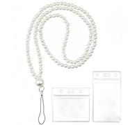 3-Pack White Pearl Beaded Lanyards for ID Badges & Keys - 31inch Acrylic Faux Pearl Lanyard with 2 ID Holders - Cute Teacher Lanyards Holder for Women Ladies