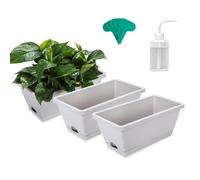 3 Pack Window Box Planter with Drainage Tray Plant Label & Garden Tools Rectangle Plastic Flower Vegetable Herb Pot Box Windowsill Garden Balcony Succulent Cactus Home Office Kitchen Porch Décor Gray