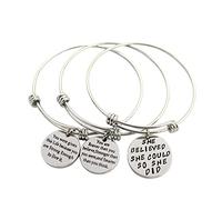 3 Pack Women Engraved Message Inspirational Words Round Charm Bracelets Set Expandable Silver Plated Stainless Steel Motivational Bangle Bracelet, 2.6 inches, Stainless Steel, no gemstone