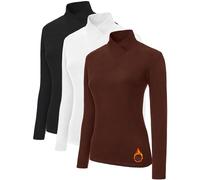 3 Pack Women's Turtleneck Long Sleeve Shirts Thermal Underwear Tops Fall Fashion Basic Mock Neck Base Layer Winter Underscrub, Black/White/Brown, S