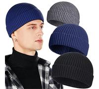 3 Pack Wool Fisherman Beanies for Men, Short Knit Watch Cap Cuffed Trawler Hats, C-Black, Gray, Navy Blue, One Size
