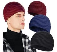 3 Pack Wool Fisherman Beanies for Men, Short Knit Watch Cap Cuffed Trawler Hats, F-black, Navy, Wine Red, One size