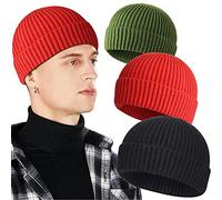 3 Pack Wool Fisherman Beanies for Men, Short Knit Watch Cap Cuffed Trawler Hats, H-black, Green, Red, One size