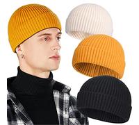 3 Pack Wool Fisherman Beanies for Men, Short Knit Watch Cap Cuffed Trawler Hats, I-black, Yellow, Beige, One Size
