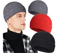 3 Pack Wool Fisherman Beanies for Men, Short Knit Watch Cap Cuffed Trawler Hats - red - One Size