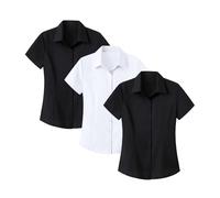 3 Pack Work T-Shirt Women Ladies Workwear Tops Summer Cool Short Sleeve Solid Basic Fitted Button Up Stretch Smart Casual Business Office Oxford Dress Shirts Professional Interview Shirts