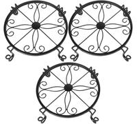 3-Pack Wrought Iron Flower Pot Stand, Heavy Duty 300lbs Load Capacity Round Plant Holder with Floral Pattern, Rustproof Indoor Outdoor Garden Planter Rack for Patio Balcony Deck Office