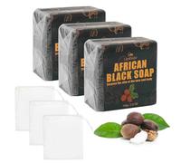 3 Packs African Black Soap, Black African Soap for Face Body Hand Black Soaps with Foaming Nets for Men Women Deep Cleansing, Moisturizing and Nourishing (3, Black)