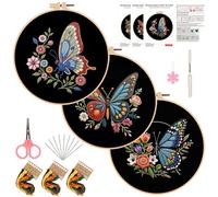 3 Packs Butterfly Embroidery Kit for Beginners Adults, Hand Embroidery Starter Kit with 2 Bamboo Hoops, 30cm Water-Soluble Printed Patterns, Full Range of Floss & Tools for Craft Gift & Home Decor
