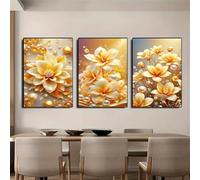 3 Packs Diamond Painting Kits for Adults Golden Flower 3 Piece 5D DIY Diamond Art Kit Painting Full Drill Embroidery Crystal Rhinestone Gem Cross Stitch Arts Craft Home Wall Decor Gift 60x30cm S-5529