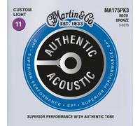 3 Packs Martin MA175 Authentic Acoustic Guitar Strings 80/20 Bronze Custom Light