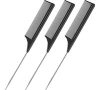 3 Packs Rat Tail Comb Steel Pin Rat Tail Carbon Fiber Heat Resistant Teasing Combs with Stainless Steel Pintail (Black)