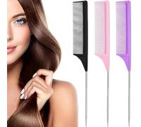 3 Packs Rat Tail Comb Steel Pin Rat Tail Fiber Heat Resistant Teasing Combs with Stainless Steel Pintail Combs for Women and Man, Premium Black Fiber Comb Set for Teasing and Parting(3 Colors)