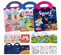 3 Packs Reusable Sticker Book, 3D Puffy Sticker Books for 3+ Year olds Kids Toddlers, Travel Educational Learning Toy Birthday Gifts (Dinosaurs, Space, Girls Dress Up)