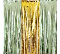 3 Packs Sage Green Gold Foil Fringe Curtains Extra Wide 9.9ft for Wedding Party Backdrop Group Photos,Birthday Party Door Decorations Each 3.3 x 6.5 ft