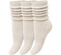 3-Pair Cotton Crew Slouch Socks Womens Scrunch Ribbed Soft Retro Boot Calf Sock, Cream, One size