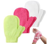 3 Pair Exfoliating Gloves with Hanging Loop, Shower Body Scrub Gloves for Dead Skin Removal, Deep Cleansing Bath Mitts for Spa & Massage (Magenta + Green + White)