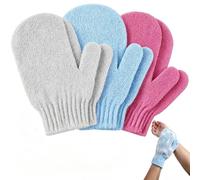 3 Pair Exfoliating Gloves with Hanging Loop, Shower Body Scrub Gloves for Dead Skin Removal, Deep Cleansing Bath Mitts for Spa & Massage - Grey, Blue, Magenta