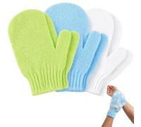 3 Pair Exfoliating Gloves with Hanging Loop, Shower Body Scrub Gloves for Dead Skin Removal, Deep Cleansing Bath Mitts for Spa & Massage - Green, Blue, White