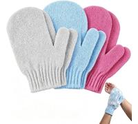 3 Pair Exfoliating Gloves with Hanging Loop, Shower Body Scrub Gloves for Dead Skin Removal, Deep Cleansing Bath Mitts for Spa & Massage (Grey + Blue + Magenta)