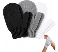 3 Pair Exfoliating Gloves with Hanging Loop, Shower Body Scrub Gloves for Dead Skin Removal, Deep Cleansing Bath Mitts for Spa & Massage (Black + Grey + White)