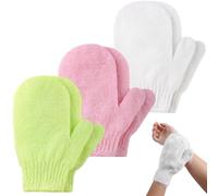 3 Pair Exfoliating Gloves with Hanging Loop, Shower Body Scrub Gloves for Dead Skin Removal, Deep Cleansing Bath Mitts for Spa & Massage (Green + Pink + White)