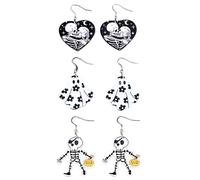 3 Pair Halloween Dangle Earrings for Women Unisex Vintage Acrylic Skull Skeleton Flower Ghost Pumpkin Statement Fish Hook Studs Earring Hypoallergenic Lightweight Decoration Jewelry