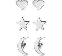 3 Pair Set Stud Earrings Moon, Star and Heart for Teenager Girls Women Men, S, Metal, No Gemstone