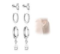 3 Pair Silver Earrings For Women, 18K Gold-Plated Brass Hypoallergenic Cubic Zirconia Stackable Hoop Studs Set For Multiple Piercings