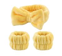 3 Pair Wash Face For Women Cuff Waterproof Absorbent Wristbands Coral Fleece Rabbit Ears Head Band Hair Accessories Set(Yellow)