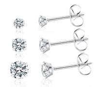 3 Pair White Zirconia Studs, Clear Cubic Zirconia Round White Crystals Studs, Hypoallergenic Silver Earring Jewellery for Women(3mm+4mm+5mm)