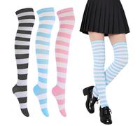 3 Pairs Black and White Striped Socks, Striped Socks, Striped Tights Over The Knee, Thigh High Socks Themed Cosplay Christmas & Halloween for Girls and Women(Multicolored)