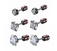 3 Pairs Black Earrings Set Hypoallergenic Titanium Screw Back Christmas Square Cubic Zirconia Earrings Clear/Red/Green Round Cut CZ Stud Earrings for Women and Men, Cubic Zirconia, Cubic Zirconia