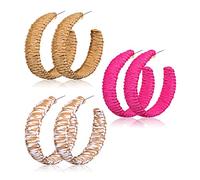 3 Pairs Boho Rattan Hoop Dangle Earrings Raffia Earrings for Women Handmade Geometric Braid Straw Wicker Drop Earrings Set Statement Summer Beach Jewelry Gifts, Metal, alloy