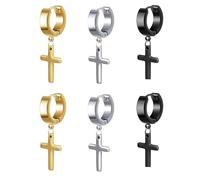 3 Pairs Cross Earrings, Mens Hoop Earrings, Multi-Coloured Vintage Stainless Steel Cross Drop Dangle Hoop Earrings, Hoop Earring Men, Cros Earrings for Women (Black/Silver/Gold)