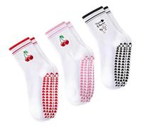 3 Pairs Cute Pilates Grip Socks For Women, Non Slip Cotton Yoga Socks