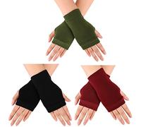 3 Pairs Fingerless Warm Gloves with Thumb Hole Cotton Half Fingerless Driving Gloves Knit Mittens for Men, Women (Black, Wine Red, Army Green)
