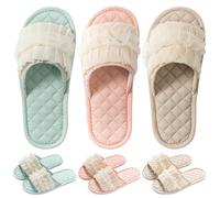 3 Pairs Floral Cotton House Slippers for Women, Open Toe Indoor Slippers Comfortable Washable Portable Foldable Guest Travel Hotel Airplane Spa Slippers, Lace Diamonds, 9-10.5