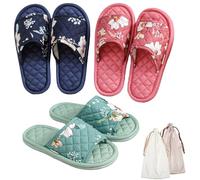 3 Pairs Floral Cotton House Slippers for Women, Open Toe Indoor Slippers Comfortable Washable Portable Foldable Guest Travel Hotel Airplane Spa Slippers, Solid Color Flower, 7-8.5