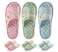 3 Pairs Floral Cotton House Slippers for Women, Open Toe Indoor Slippers Comfortable Washable Portable Foldable Guest Travel Hotel Airplane Spa Slippers, Color Blocked Flowers, 4-6.5