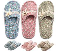 3 Pairs Floral Cotton House Slippers for Women, Open Toe Indoor Slippers Comfortable Washable Portable Foldable Guest Travel Hotel Airplane Spa Slippers, Light Floral, 7-8.5
