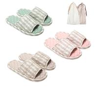 3 Pairs Floral Cotton House Slippers for Women, Open Toe Indoor Slippers Comfortable Washable Portable Foldable Guest Travel Hotel Airplane Spa Slippers, Light Stripes, 7-8.5
