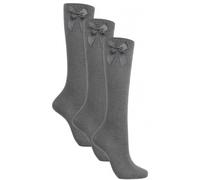 3 Pairs Girls Knee High Bow Socks - Soft Cotton Blend - School Uniform Socks with Satin Ribbon Bow - Sizes Toddler to Teen (UK, Age, 7 Years, 11 Years, Regular, Grey)