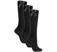 3 Pairs Girls Knee High Bow Socks - Soft Cotton Blend - School Uniform Socks with Satin Ribbon Bow - Sizes Toddler to Teen (UK, Age, 12 Years, 16 Years, Regular, Black)