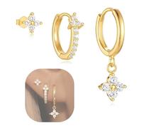 3 Pairs Gold Plated Copper Earrings For Women, Hypoallergenic Stud Hoop And Dangle Earring Set With Cubic Zirconia, Stackable Small Hoop Earrings For Sensitive Ears Daily Wear