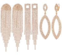 3 Pairs Gold/Silver Clip on Earrings Set for Women Stunning Rhinestone Chandelier Teardrop Long Tassels Crystal Drop Dangling Clip-on Earrings Hypoallergenic for Wedding Bride Prom Party, Zinc